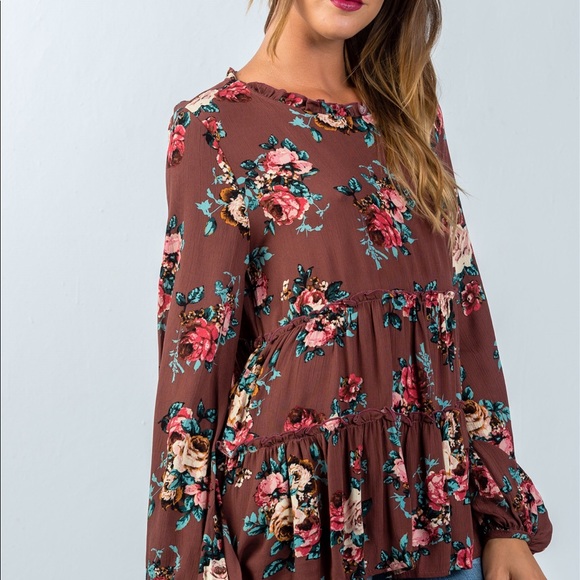 Boho baby doll top. Brown with flowers. 3 left. - Picture 4 of 4